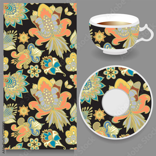 stock vector cup of coffee and seamless floral oriental ornament