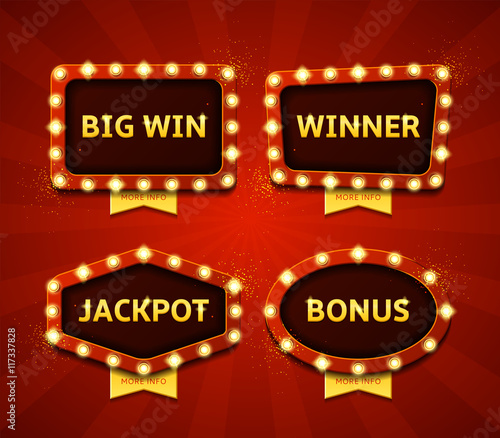 Set of retro banners with glowing lamps. Collection of vector symbols with shining lights in vintage style. Labels for winners of poker, cards, roulette and  lottery.