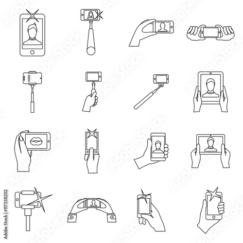 Selfie icons set in outline style. Taking photos with smartphone set collection vector illustration