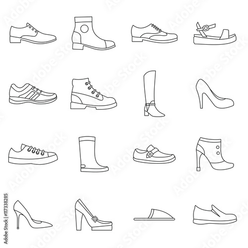 Shoe icons set in outline style. Men and women shoes set collection vector illustration