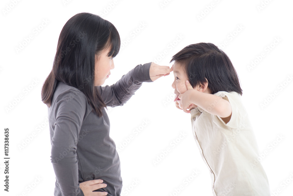 Asian sister and brother quarreling Asian sister and brother quarreling