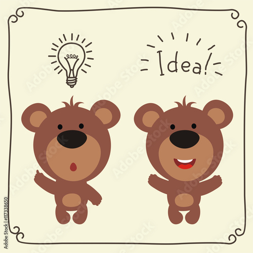 Icon bulb of idea. Two funny bear with lamp of idea and text. Set for child education.
