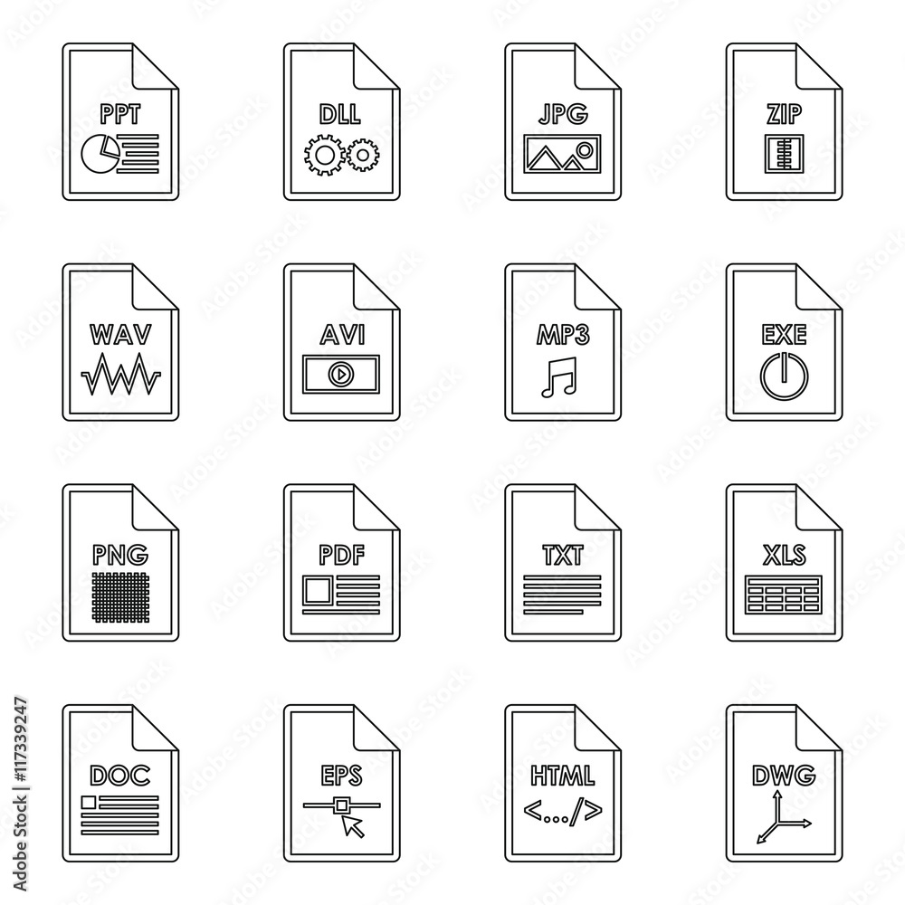 File format icons set in outline style. File formats set collection vector illustration File format icons set in outline style. File formats set collection vector illustration