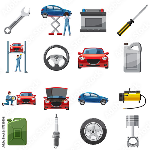 Car service icons set in cartoon style. Car repair service set collection vector illustration
