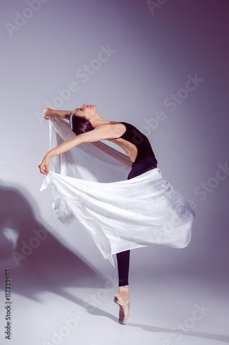 Fotografie Ballerina in black outfit posing on toes, studio background.