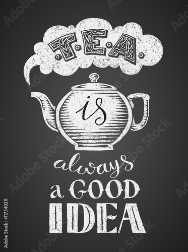 Chalk drawing teapot with lettering. Eps8. RGB. Global colors