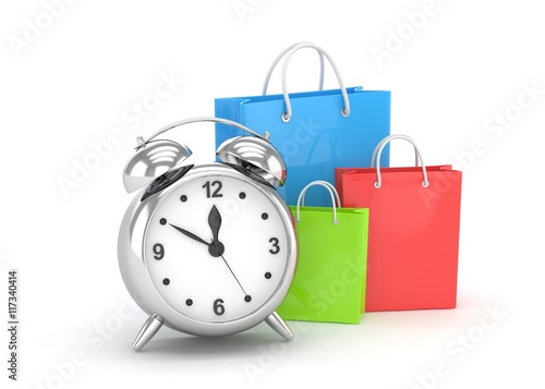 alarm clock and shopping bag (time to buy concept). 3d rendering.