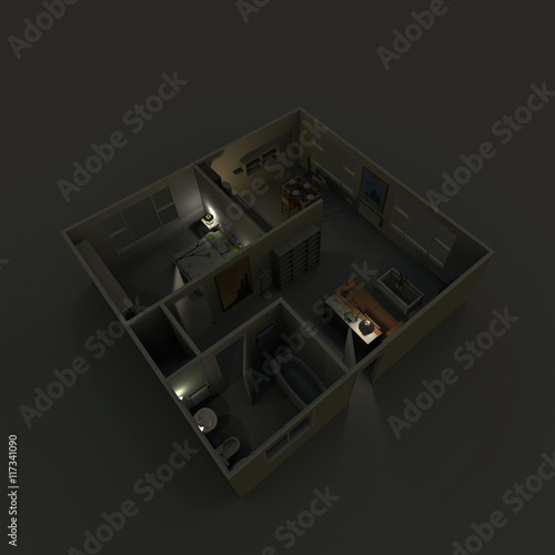 3d interior rendering perspective view of furnished home apartment with turned on lights by night