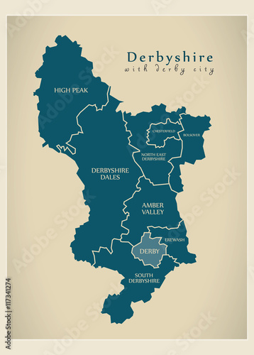Modern Map - Derbyshire with Derby City and district details UK
