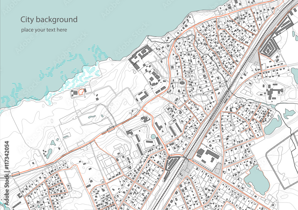 Fototapeta Ilustracja wyimaginowanego planu dzielnicy. Kwartalne budynki mieszkalne w niskiej zabudowie nad brzegiem rzeki. Miasto w tle