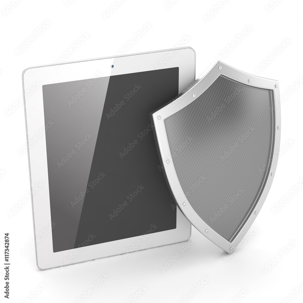 Tablet PC and shield on white device security concept. 3d rendering. Tablet PC and shield on white device security concept. 3d rendering.