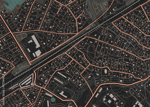 Fictional plan a residential area of private housing. Vector illustration in dark tones