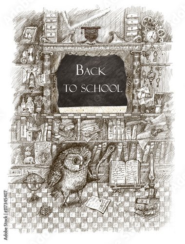 Back to school. Scientific owl among symbols of knowledge. Pencil drawing in a vintage retro style on science and education
