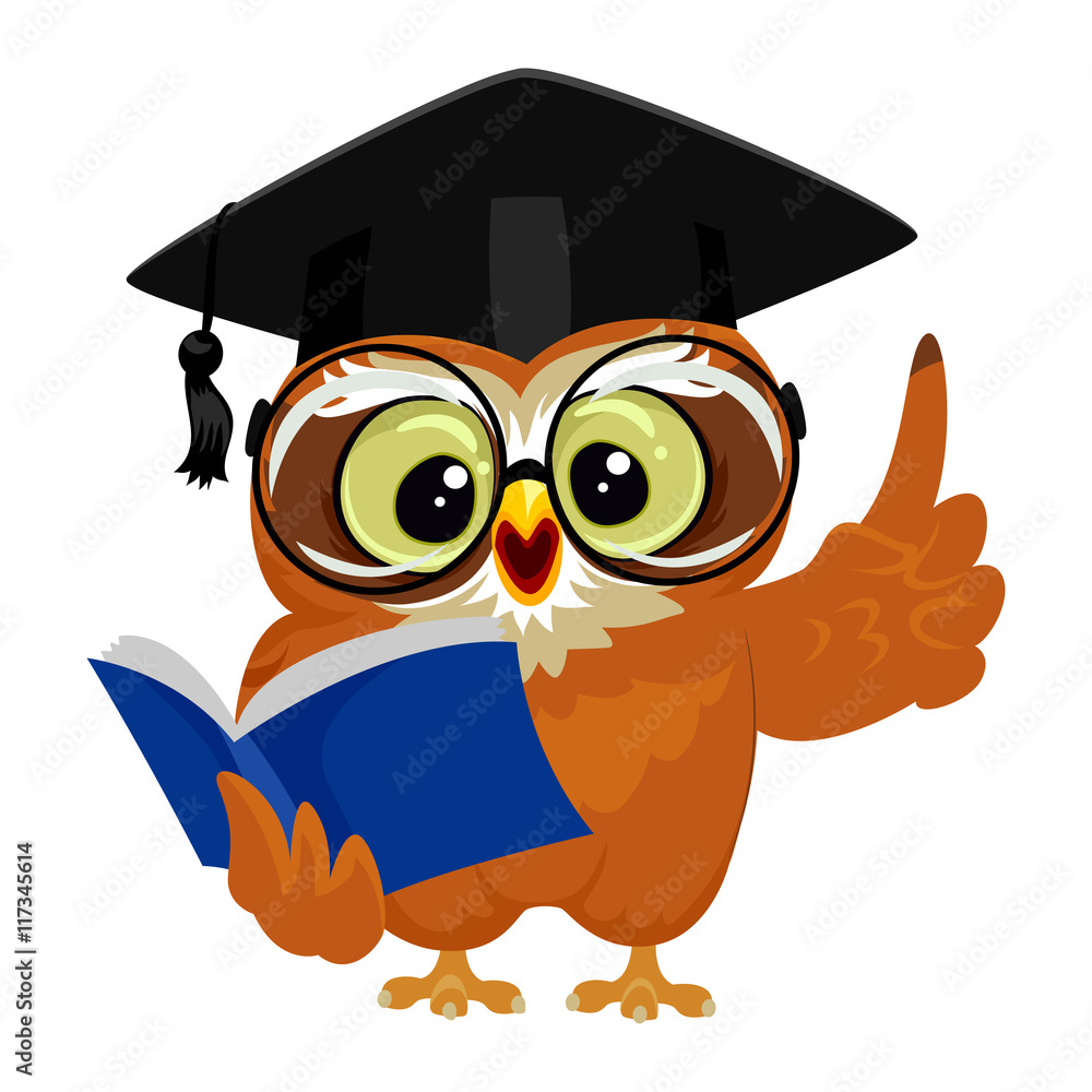 Fototapeta premium Vector Illustration of an Owl wearing graduation cap while reading book
