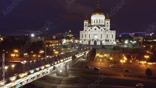 Beautiful summer night Cathedral of Christ the Saviour Moscow center view. Near Kremlin and tourist attractions. 4k footage. Aerial drone quadcopter.