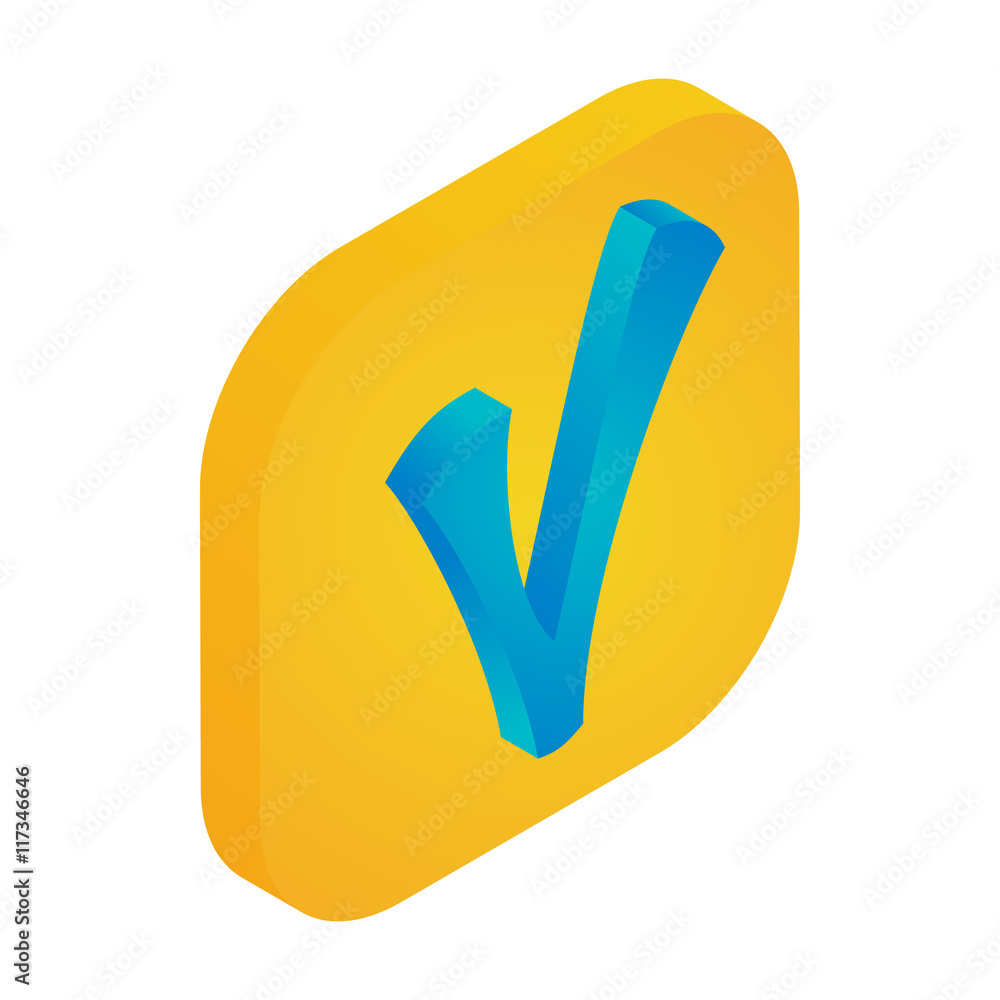 Yellow button with check mark sign icon in isometric 3d style isolated on white background Yellow button with check mark sign icon in isometric 3d style isolated on white background