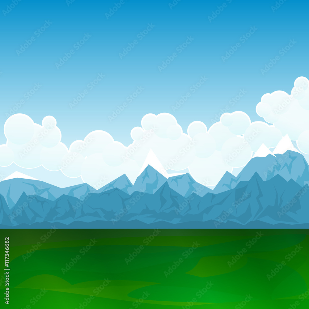 Natural Landscape, Green Field and Mountains, the Mountain with Clouds and Blue Sky,Vector Illustration