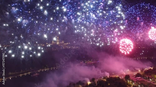 Great firework show in Moscow Russia near MSU Moscow State University. Unique close aerial view, flight inside, quadcopter drone footage. Beautiful colors from above. 4K footage.