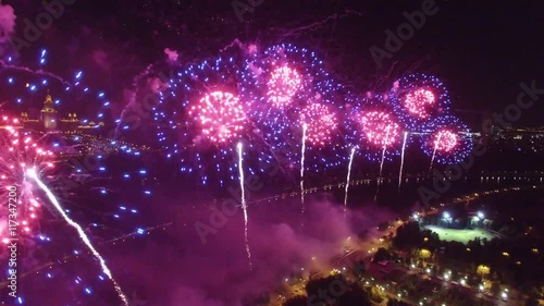 Great firework show in Moscow Russia near MSU Moscow State University. Unique close aerial view, flight inside, quadcopter drone footage. Beautiful colors from above. 4K footage.