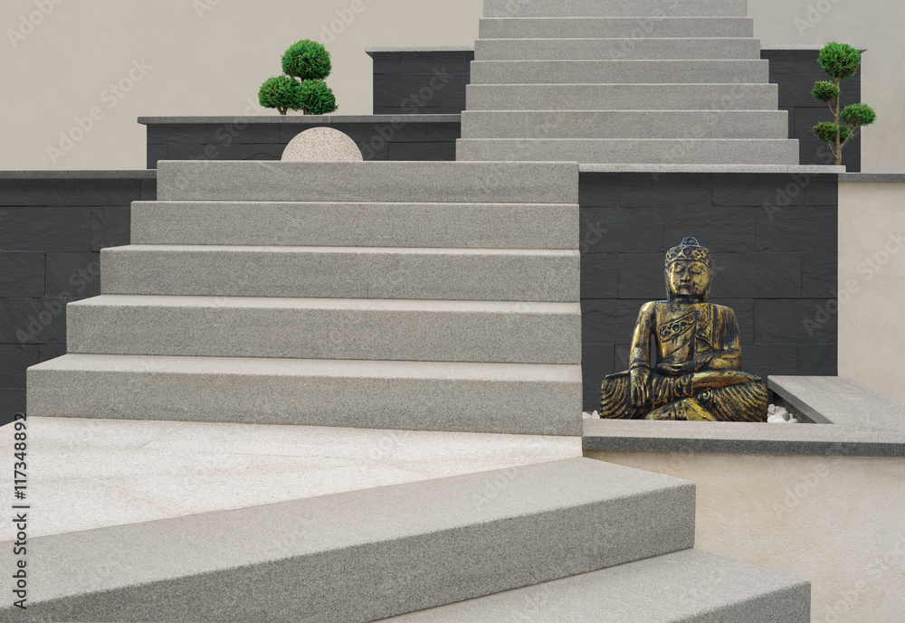 Moderner mit dreiläufiger Außentreppe und Buddha Front yard
