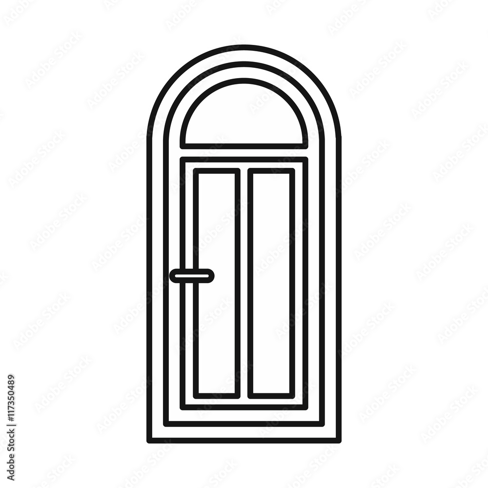 Arched wooden door with glass icon in outline style isolated vector illustration Arched wooden door with glass icon in outline style isolated vector illustration