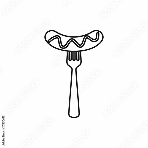 Grilled sausage on a fork mustard icon in outline style isolated vector illustration