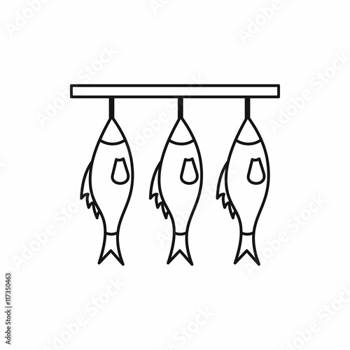 Three dried fish hanging on a rope icon in outline style isolated vector illustration