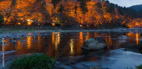 light up autumn landscape in twilight at Korankei, Japan