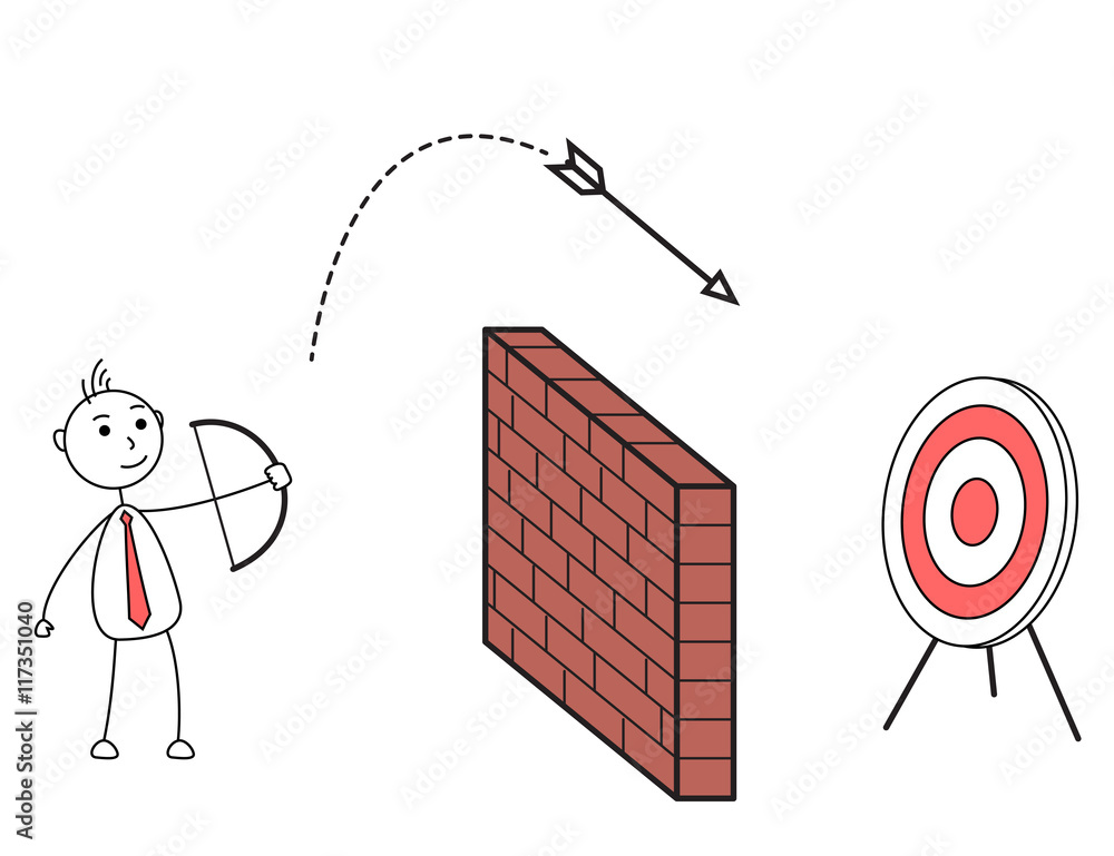 Cartoon man shooting arrow over a wall hitting a target board Stock