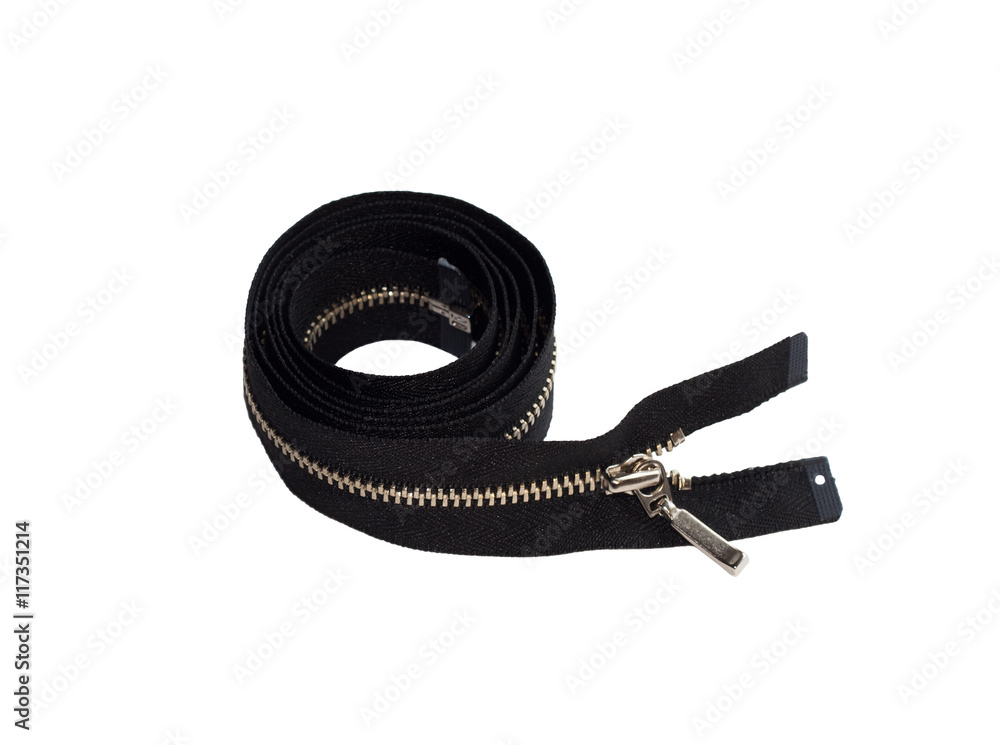 Black metallic zipper rolled into a hank and isolated on white background. Black metallic zipper rolled into a hank and isolated on white background.
