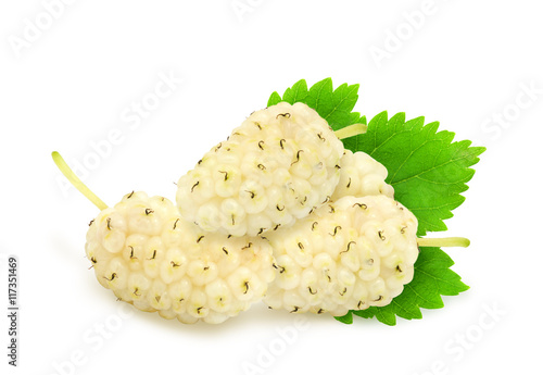 Heap of fresh ripe white mulberry berries with leaves isolated on white background. Design element for product label, catalog print, web use.