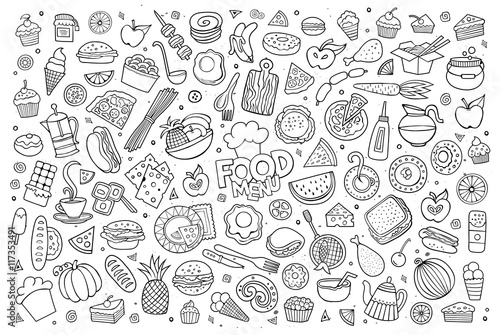 Foods doodles hand drawn sketchy vector symbols 