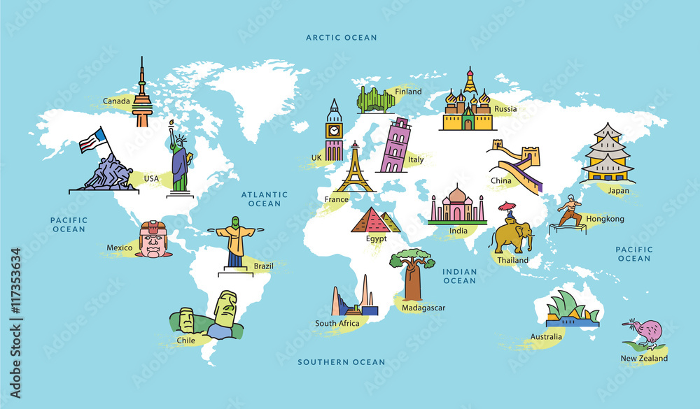 World Map with Famous Country Landmark Symbol Stock Vector Adobe Stock