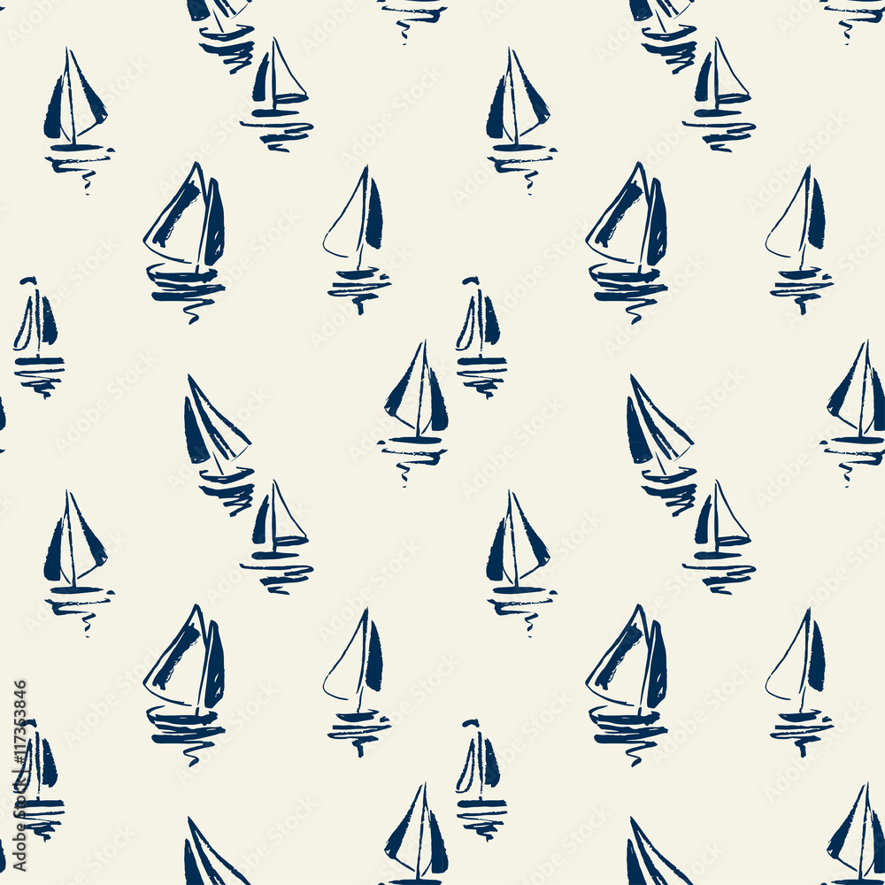 Obraz premium Hand drawn sailing yachts silhouettes seamless pattern