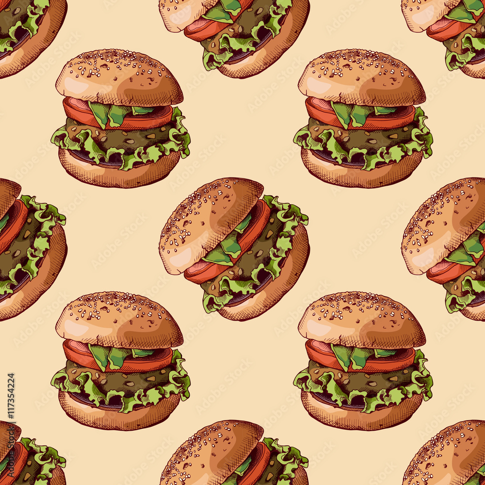Seamless pattern with image of a Burger on beige background. Vector illustration. Seamless pattern with image of a Burger on beige background. Vector illustration.