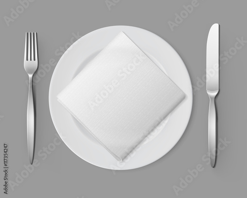 White Empty Flat Round Plate Silver Fork Knife Square Napkin