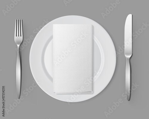 White Empty Flat Round Plate Silver Fork Knife Rectangular Napkin