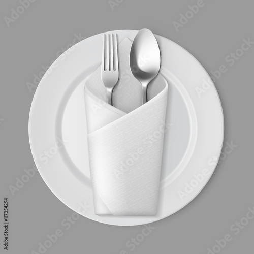 White Empty Flat Round Plate Silver Fork Spoon Envelope Napkin