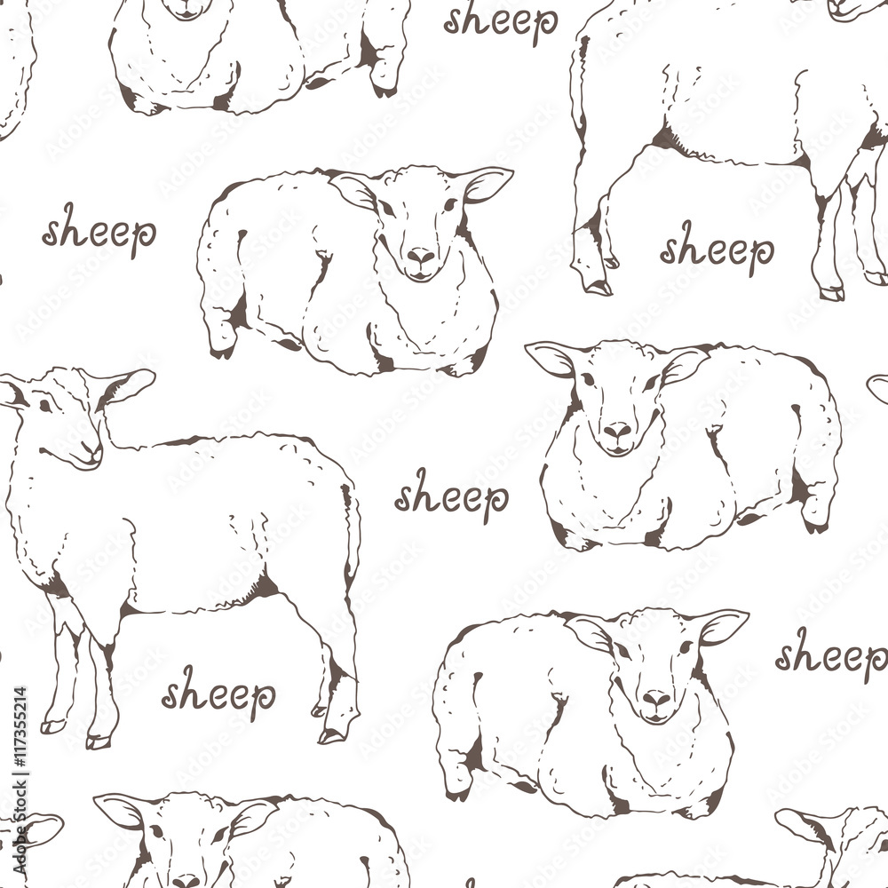 Fototapeta premium Sheep with thick fur seamless pattern