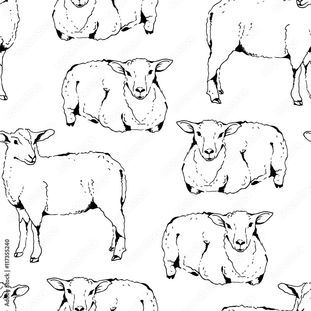 Fototapeta premium Sheep with thick fur seamless vector pattern
