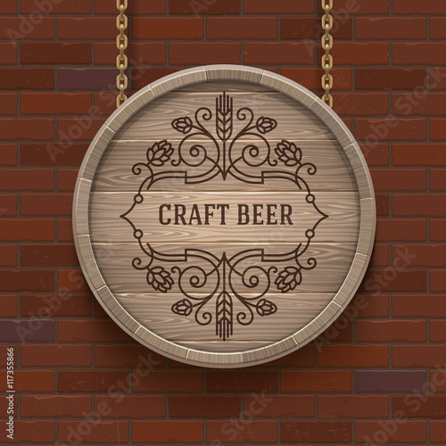 Wooden cask signboard with flourishes beer emblem - vector design illustration
