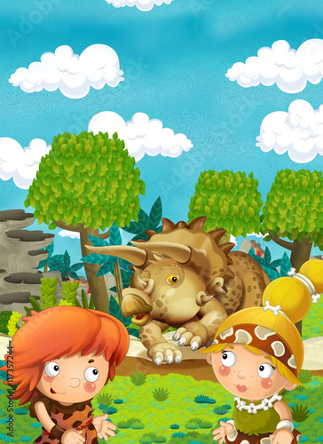 Fototapeta Naklejka Na Ścianę i Meble -  Cartoon happy dinosaur - triceratops - happy pair of people - illustration for children