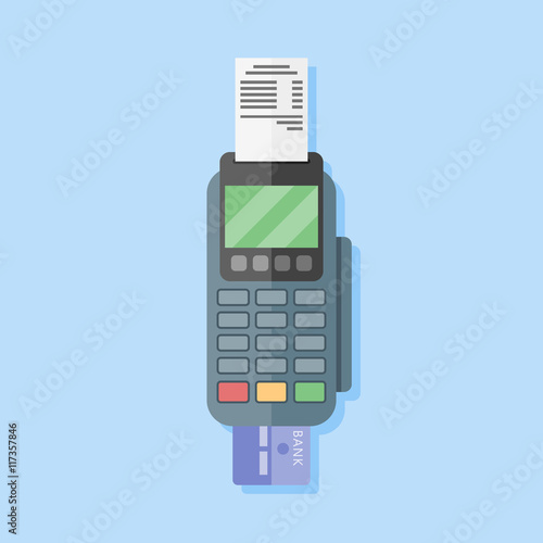 Pos terminal in flat style on blue background. Payment terminal. Credit card machine. Vector illustration.