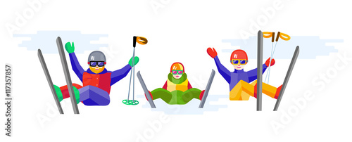 Portrait of family having fun in the snow. Flat vector Cheerful people resting on top of the mountain. Skiers family - mother, father, daughter or son relax during skiing.