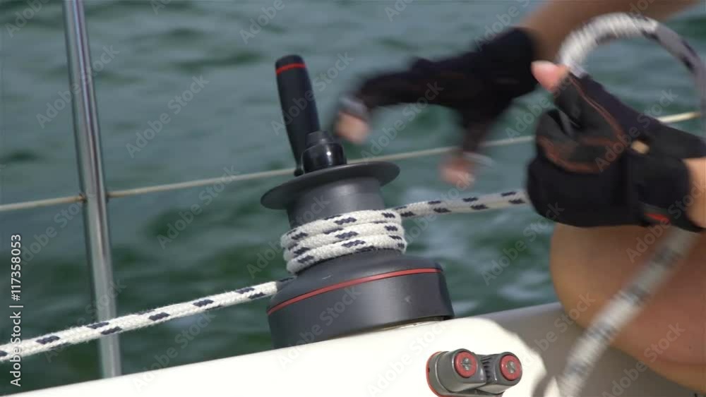 Manual winch for raising the sails on the boat. Manual winch for raising the sails on the boat.