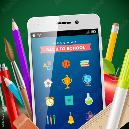 Back to school - vector illustration with smartphone and stationery items