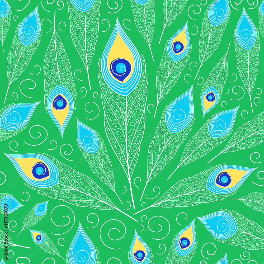 Peacock feather pattern vector seamless. Colorful background with bright  green, blue, yellow and purple colors. Decorative pattern with bird  feathers. Peacock festive tropical concept. Stock Vector | Adobe Stock