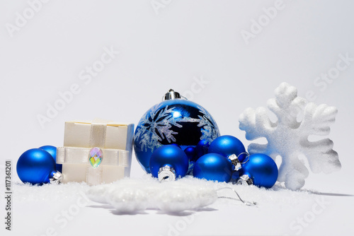 Merry Christmas trendy shinny decorations in blue color composition