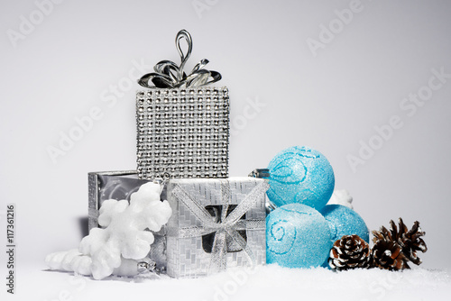 Merry Christmas trendy shinny decorations in blue color composition