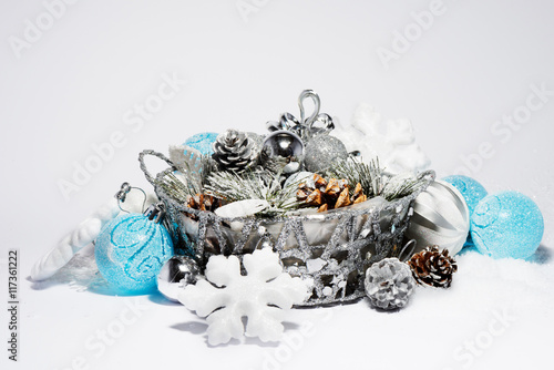 Merry Christmas trendy shinny decorations in blue color composition
